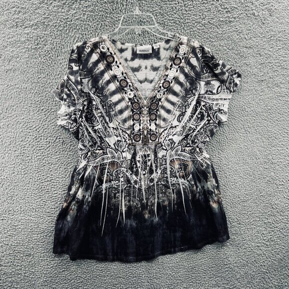 Avenue Women Tunic Top 18/20 Gray White Embellished‎ Short Sleeve Pullover Shirt - Picture 1 of 9